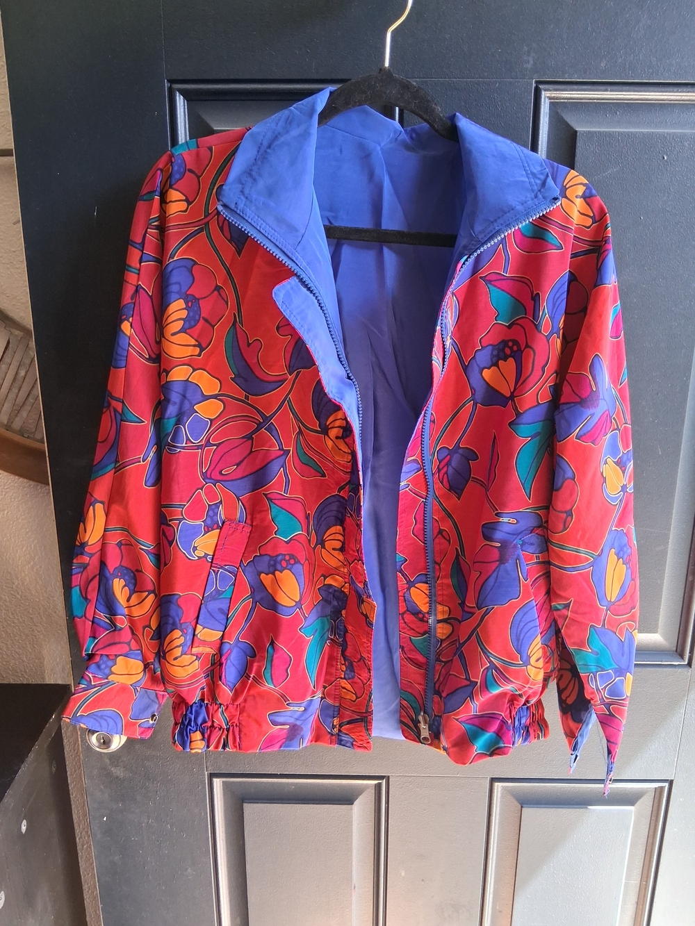 Vibrant Red Floral Bomber Jacket with Purple Trim